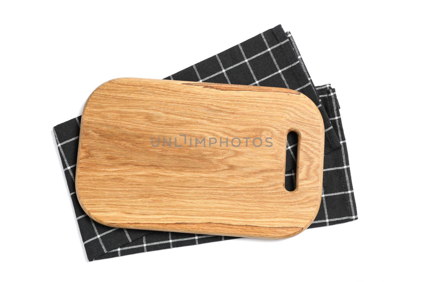 Cutting board with kitchen towel isolated on white background, top view