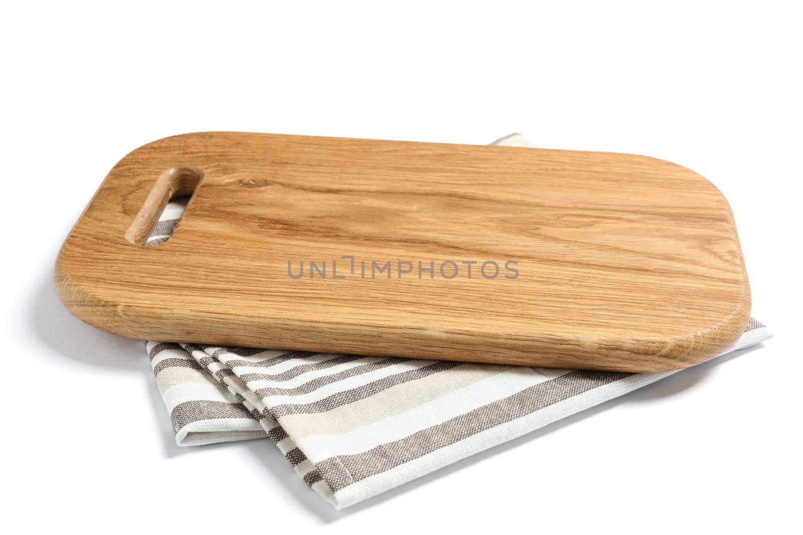 Cutting board with kitchen towel isolated on white background