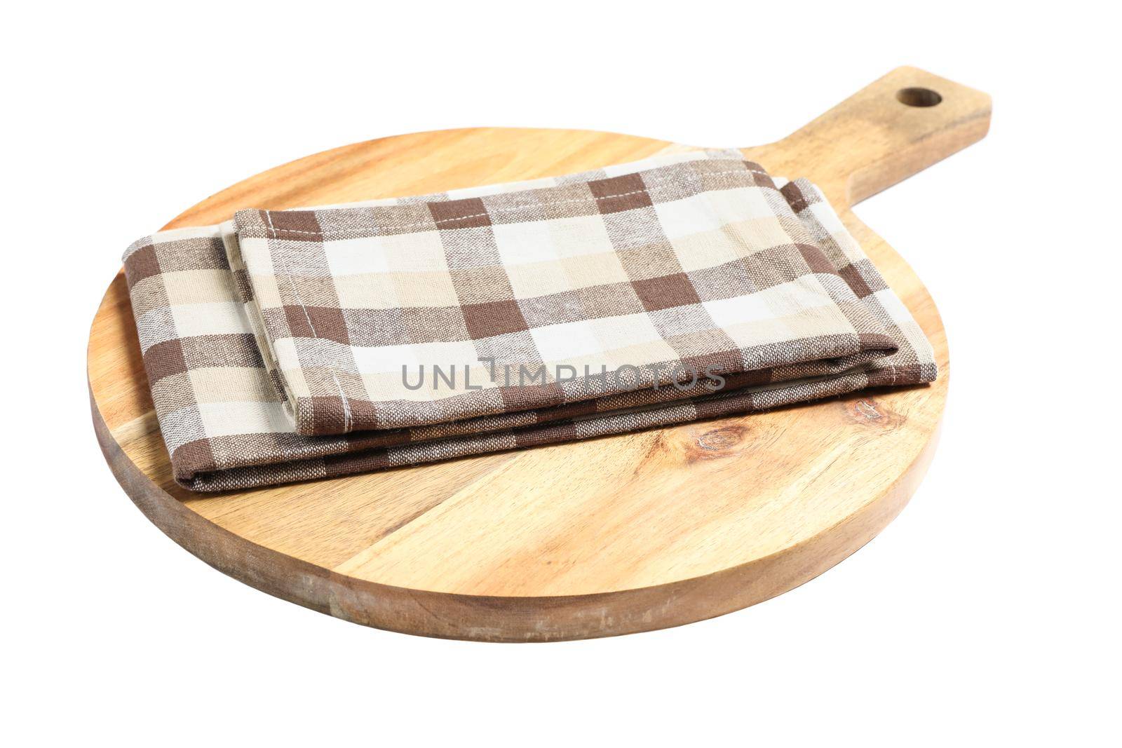 Cutting board with kitchen towel isolated on white background by AtlasCompany