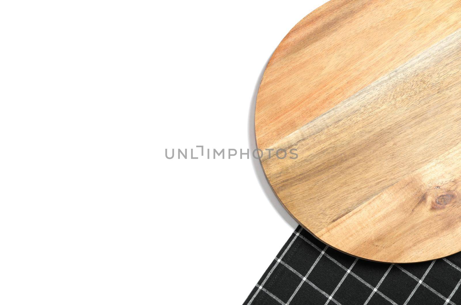 Cutting board with kitchen towel isolated on white background, top view