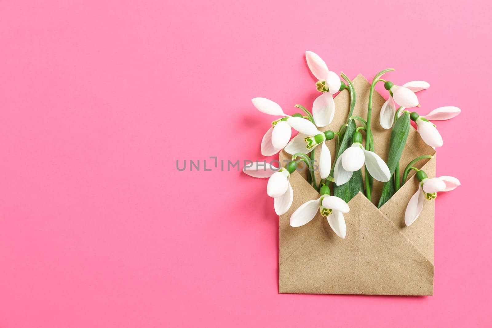 Envelope with snowdrop flowers on color background, space for text