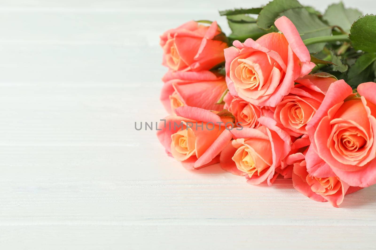 Bouquet of beautiful orange roses on white background, space for text