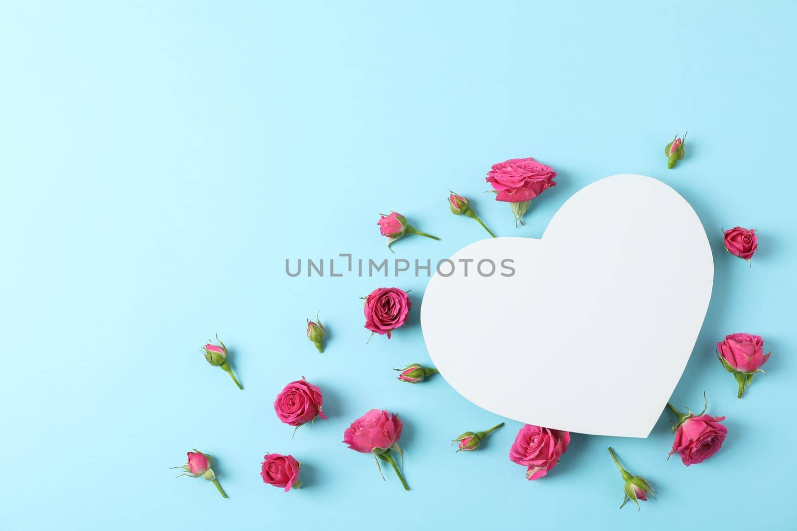 Beautiful pink roses and big heart with space for text on color background