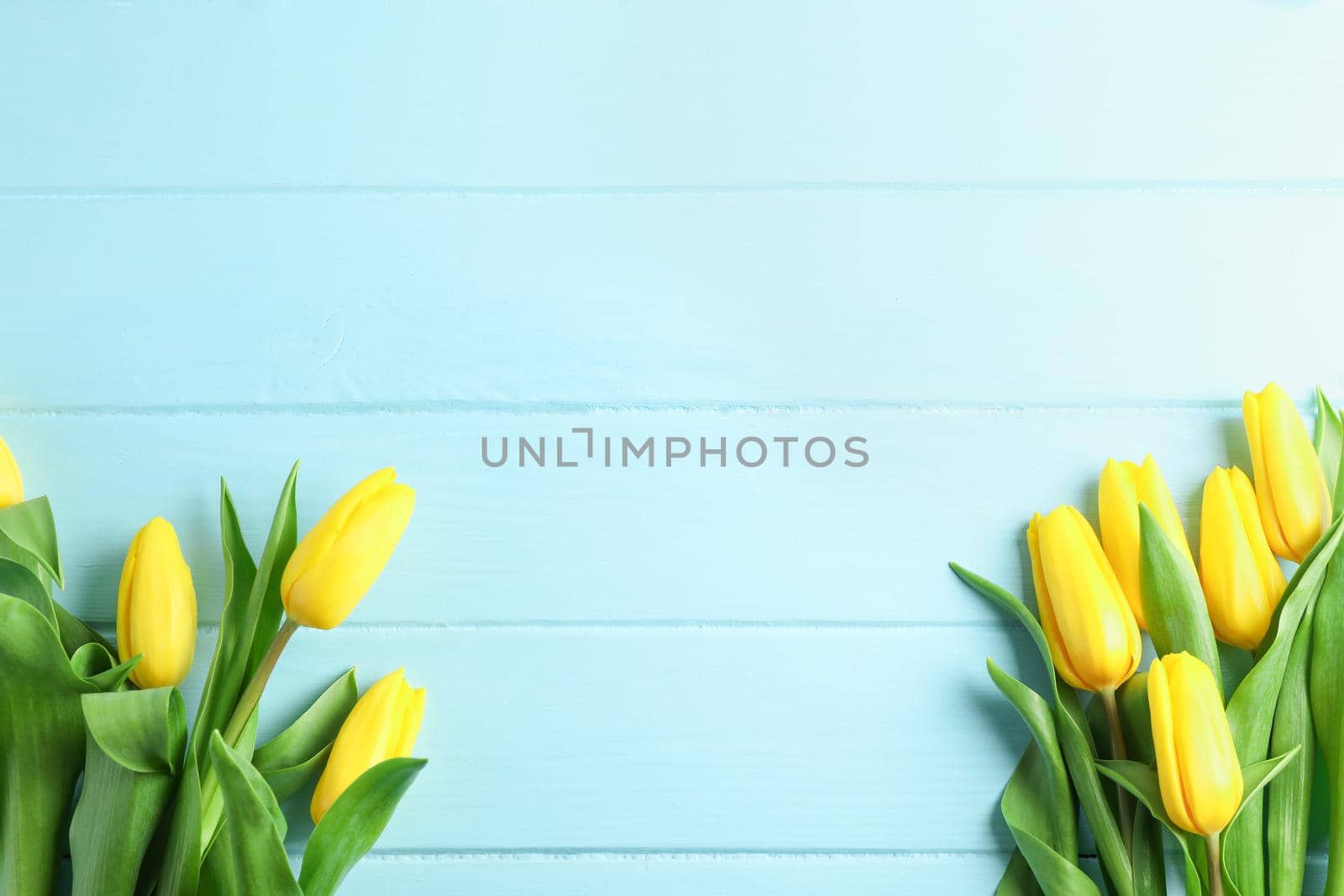 Beautiful fresh yellow tulips on wooden background, top view