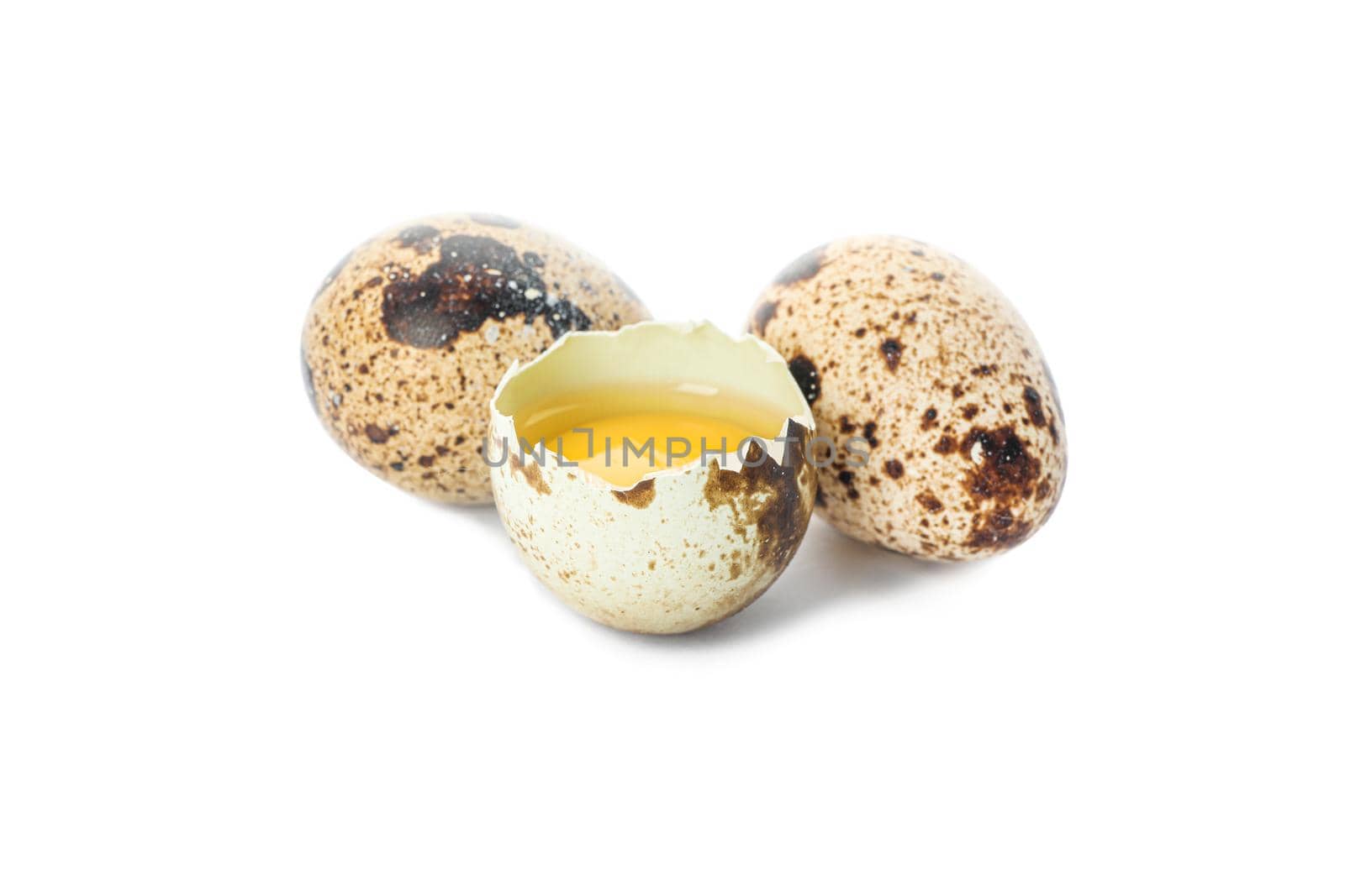 Quail eggs and half broken egg with yolk isolated on white background by AtlasCompany