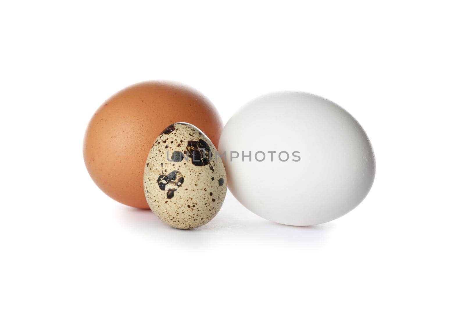 Chicken eggs and quail egg isolated on white background by AtlasCompany