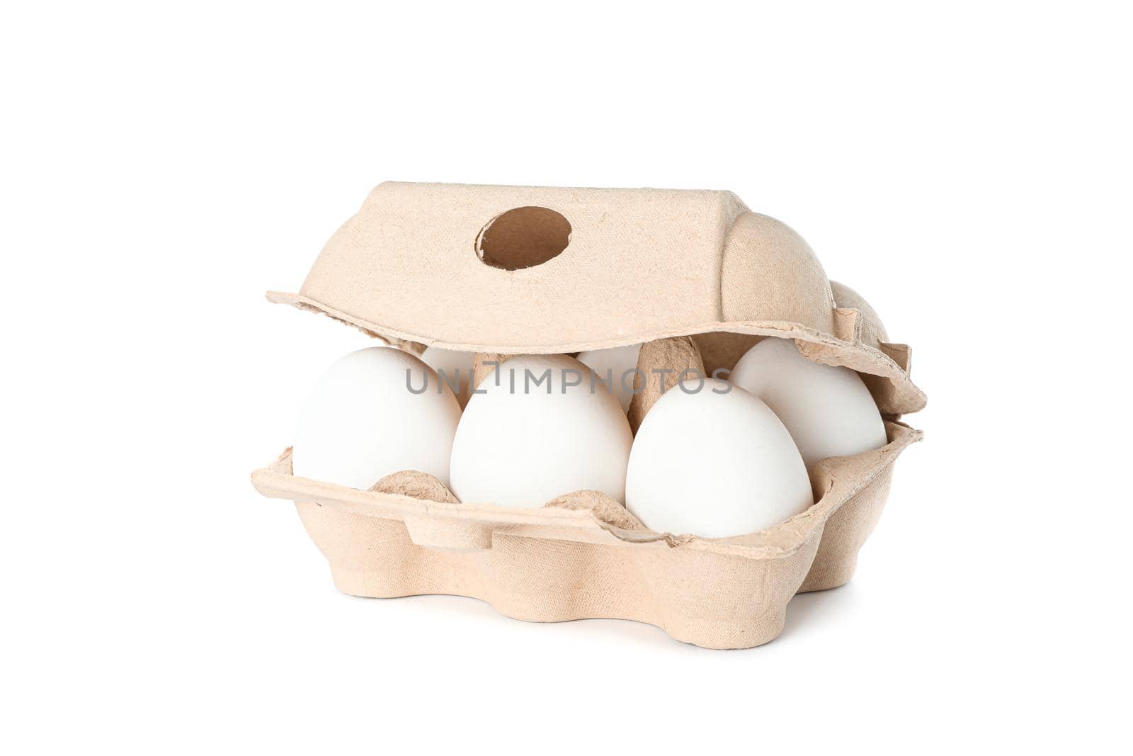 White chicken eggs in carton box isolated on white background by AtlasCompany