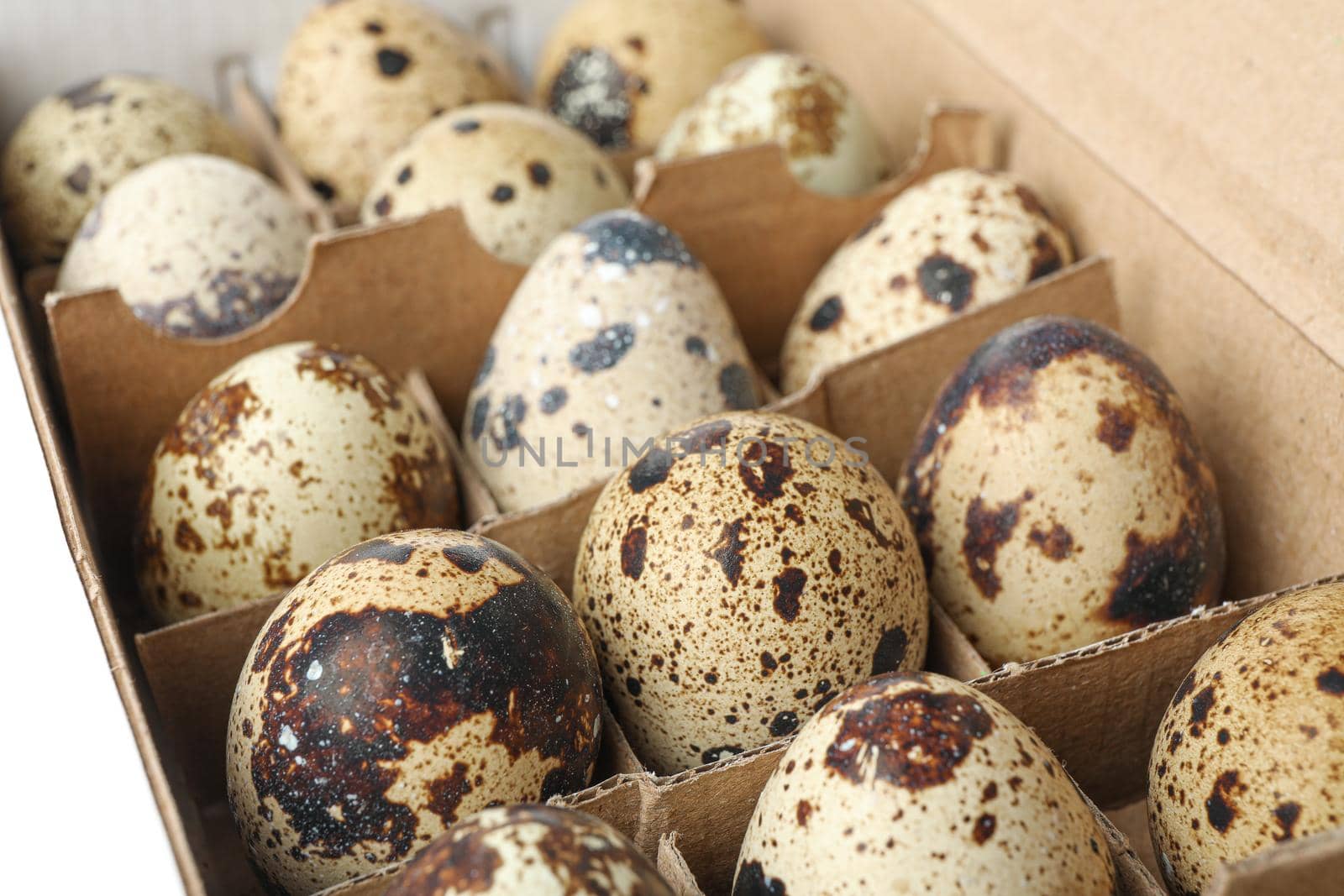 Quail eggs in carton box isolated on white background, closeup