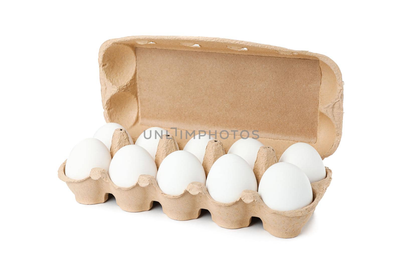 White chicken eggs in carton box isolated on white background by AtlasCompany