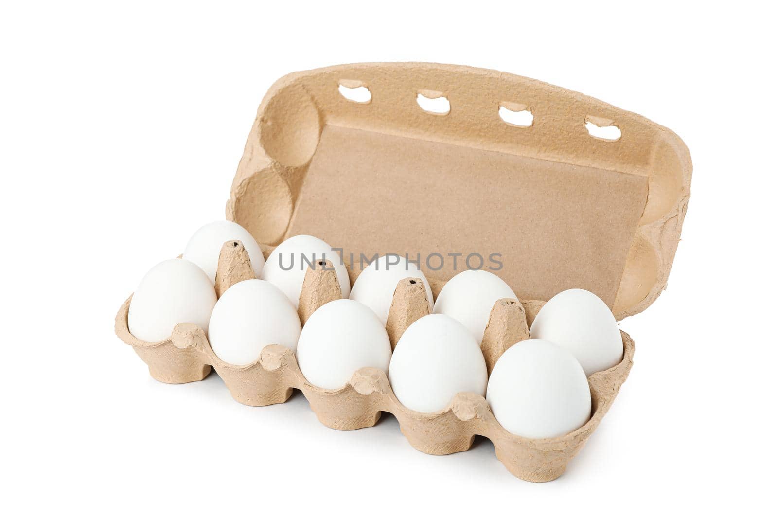 White chicken eggs in carton box isolated on white background by AtlasCompany