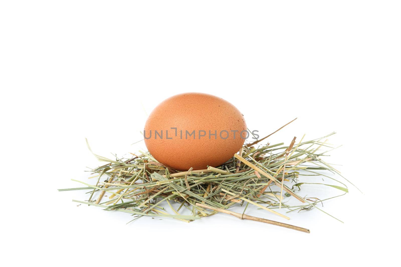 Brown chicken egg on straw isolated on white background