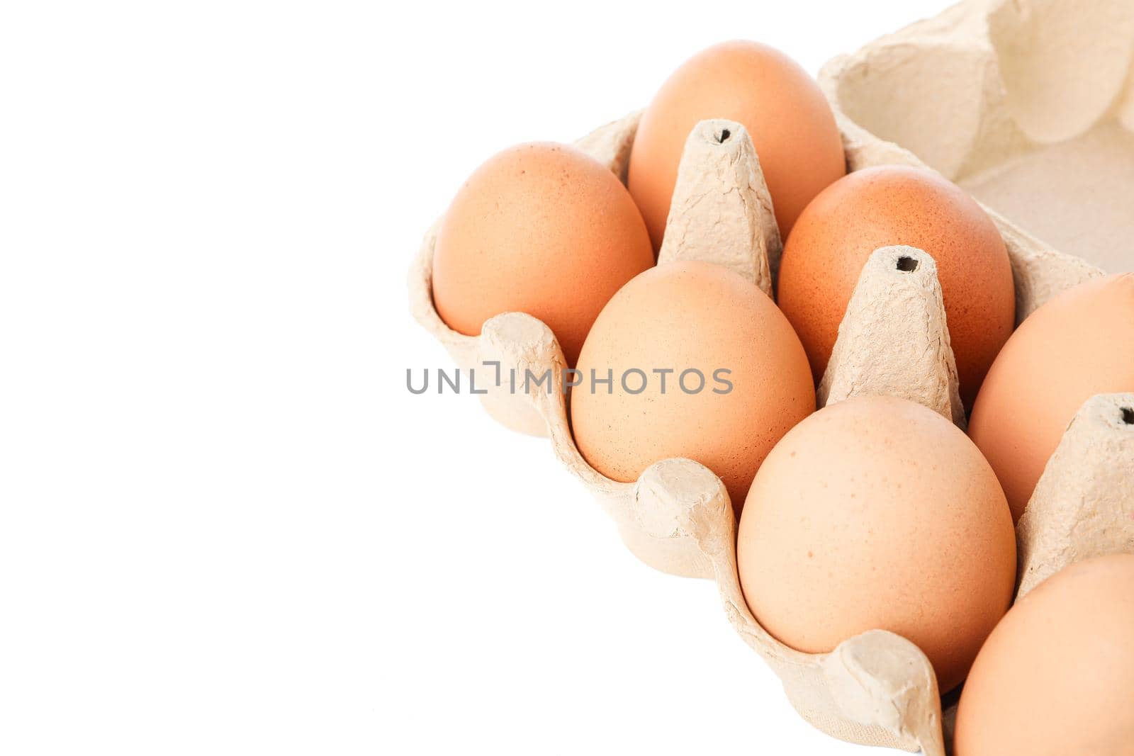 Brown chicken eggs in carton box isolated on white background by AtlasCompany