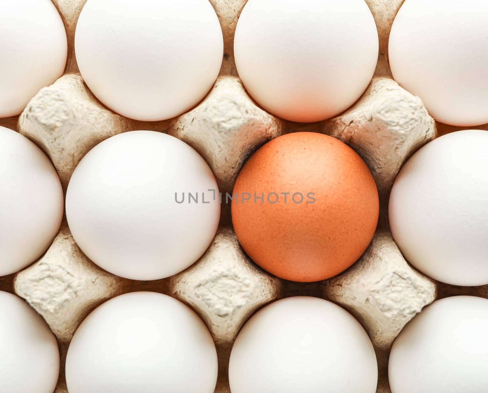 Chicken eggs in carton box as background, top view by AtlasCompany