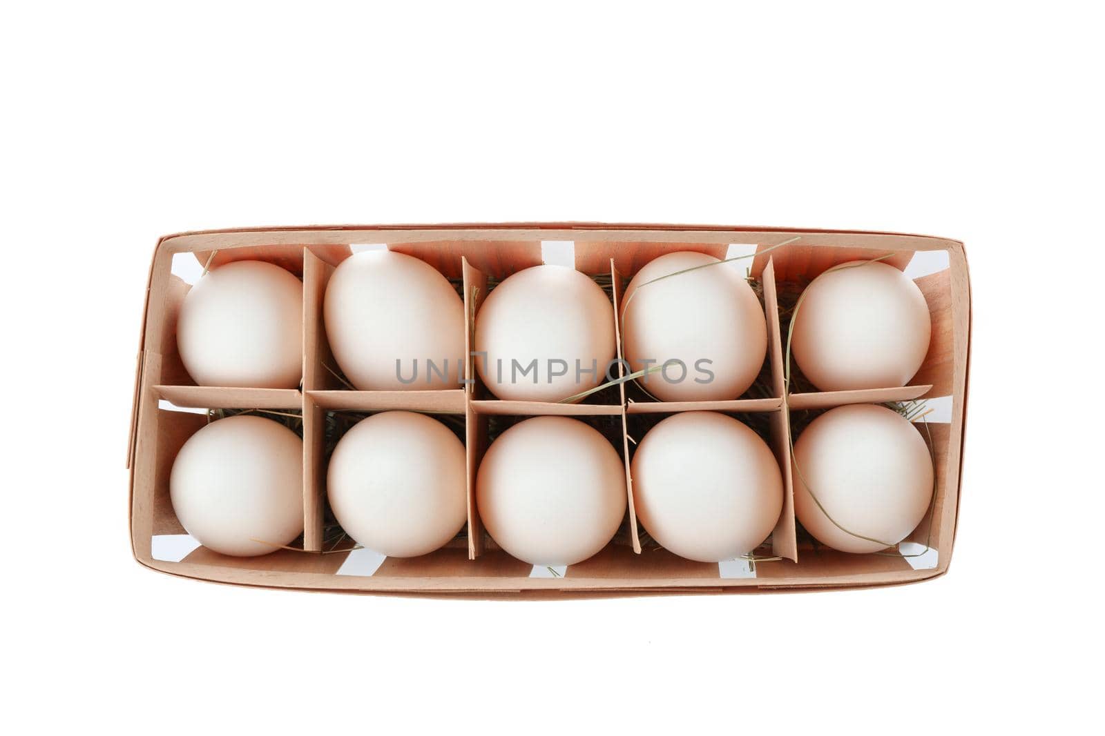 White chicken eggs in carton box isolated on white background, top view by AtlasCompany