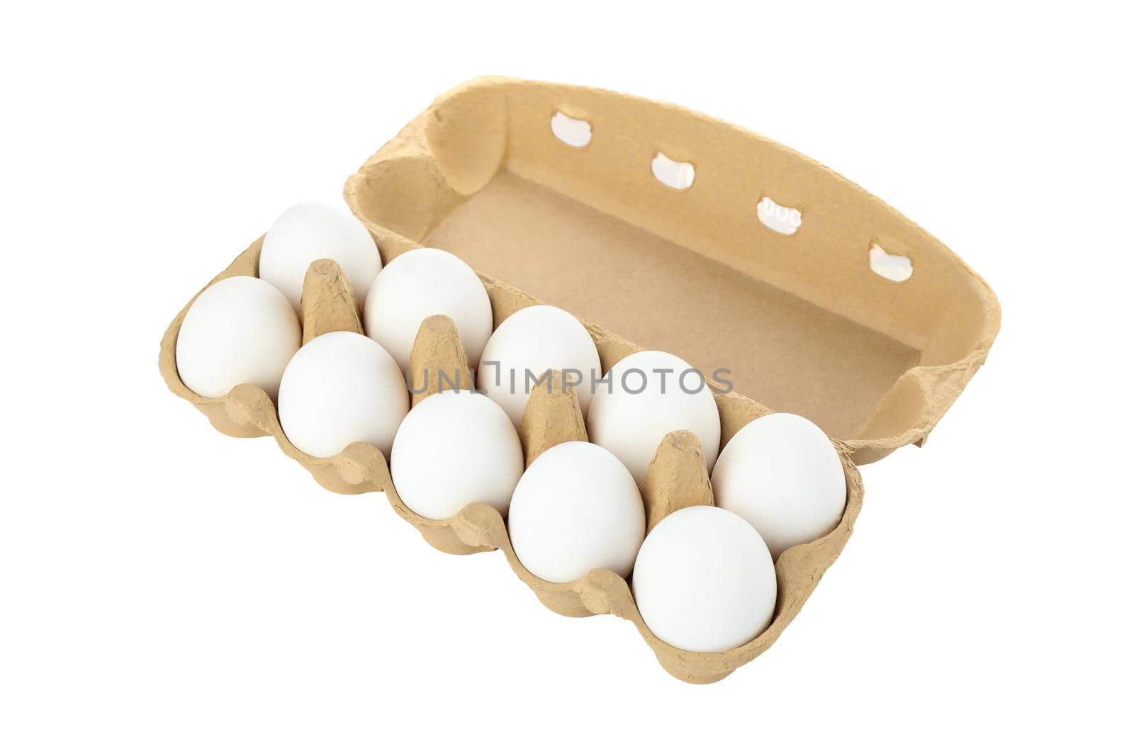 Few raw chicken eggs in carton box on white background by AtlasCompany