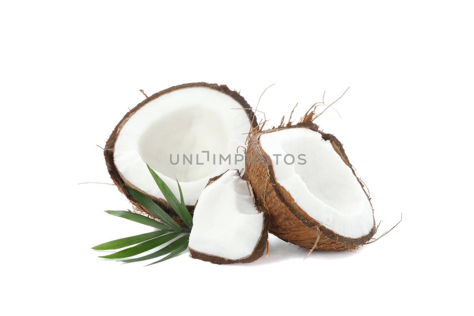 Split tropical coconut isolated on white background