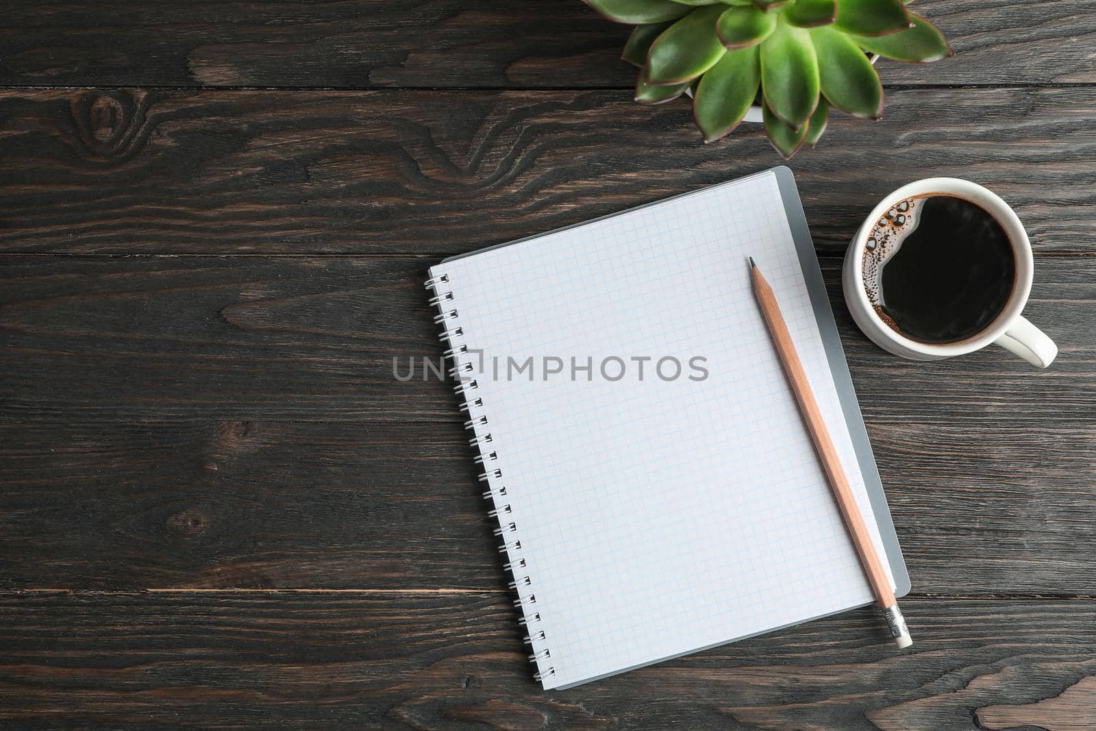 Flat lay composition with cup of coffee, copybook, pencil and succulent plant, space for text by AtlasCompany