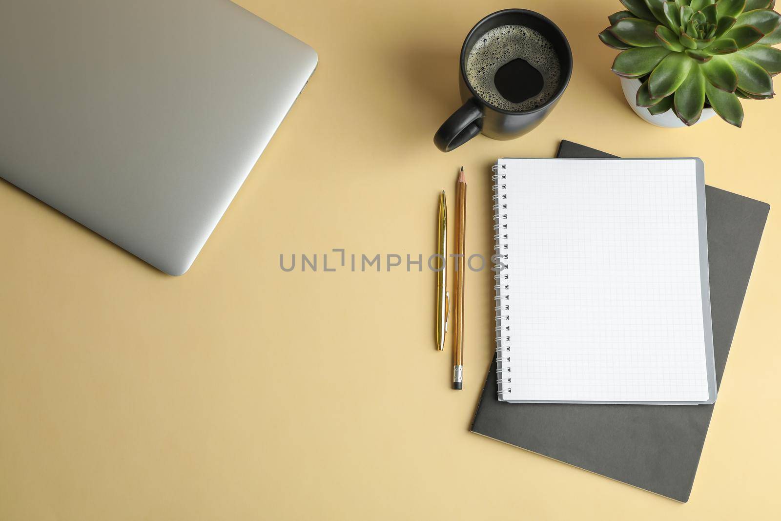 Flat lay composition with office accessories and succulent plant, space for text