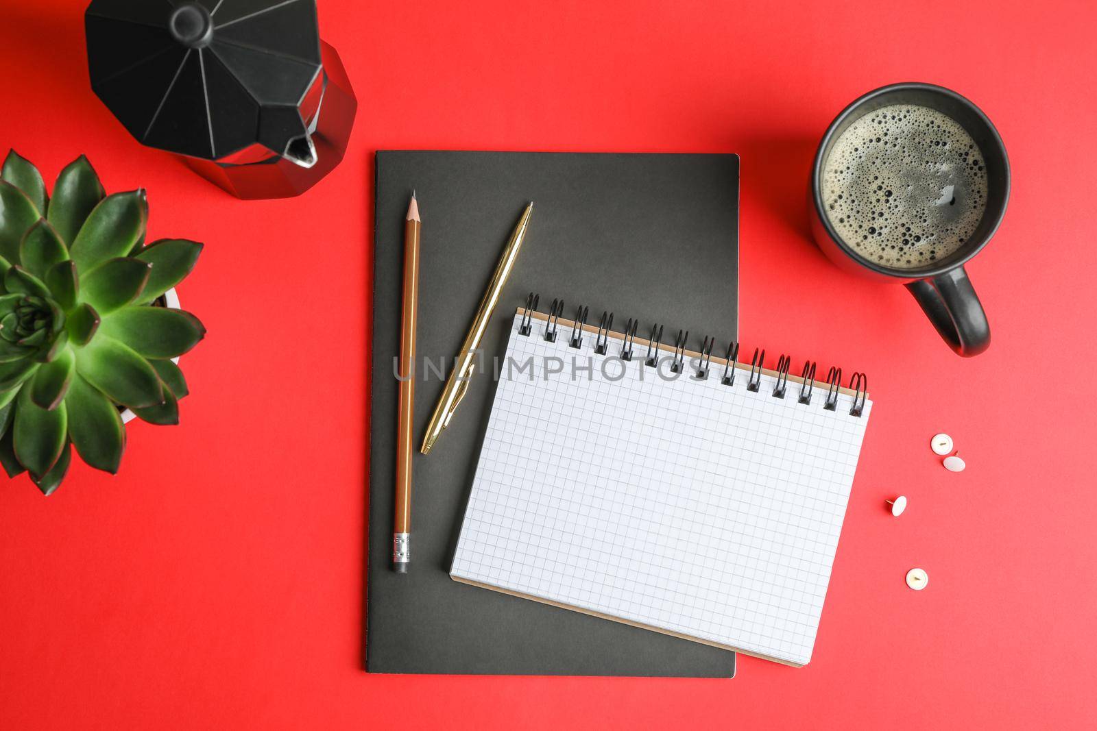 Flat lay composition with cup of coffee, copybooks, pencils and succulent plant, space for text by AtlasCompany