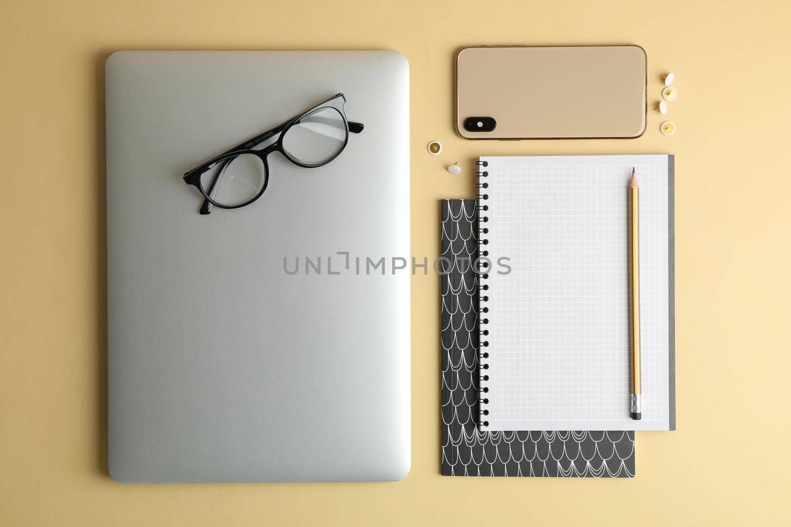 Flat lay composition with office accessories on color background, space for text by AtlasCompany