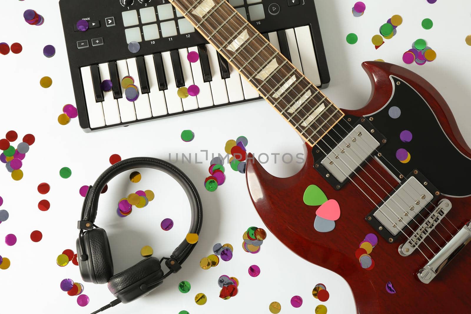 Music maker composition on white background, top view by AtlasCompany