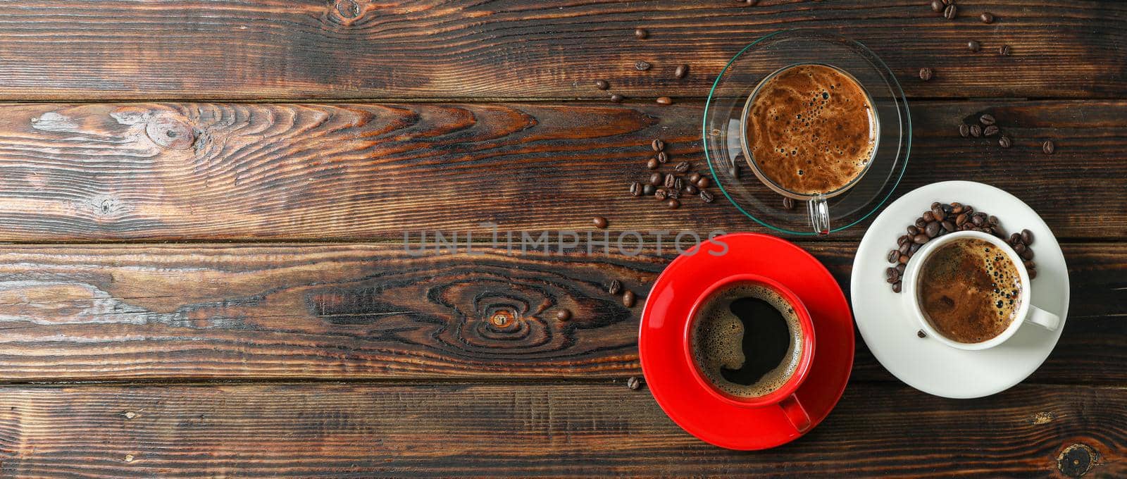 Coffee time accessories on wooden background, space for text and top view. Break time