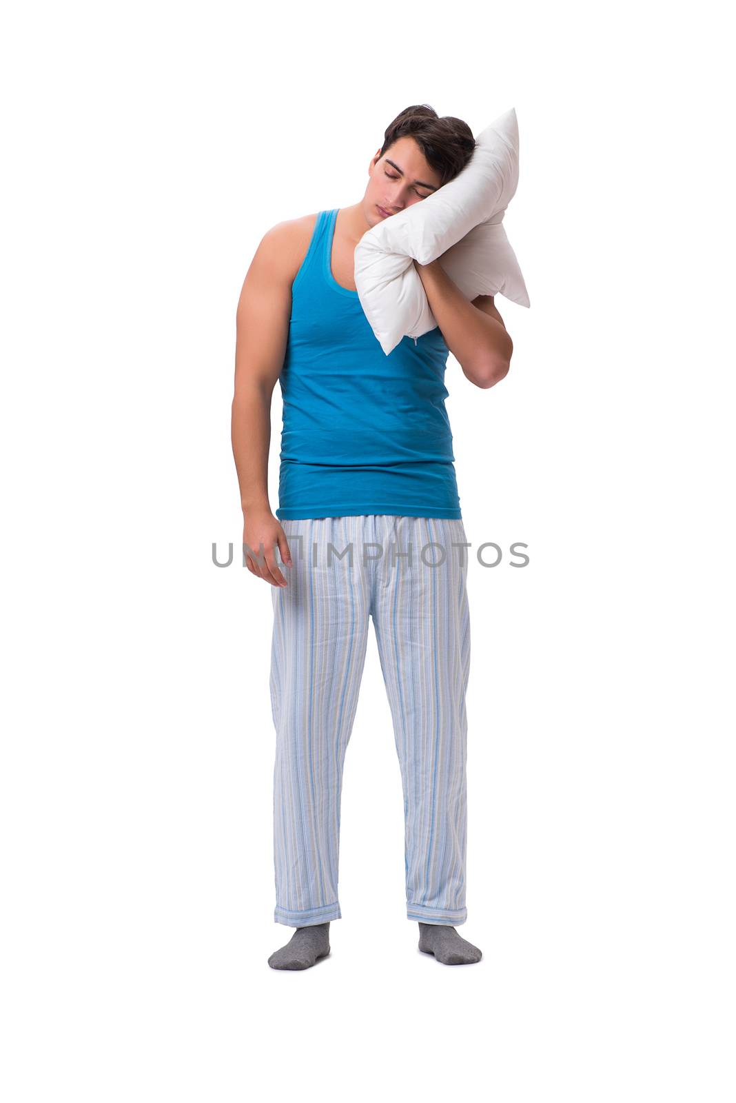 Man waking up with alarm clock isolated on white