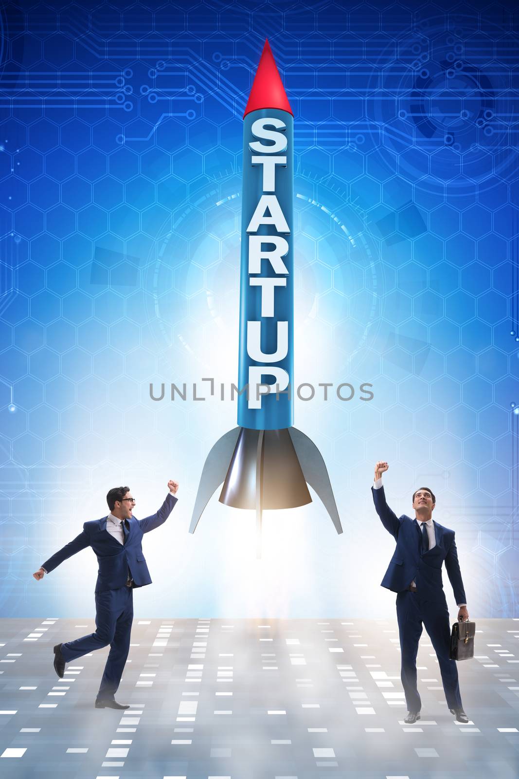 Start-up concept with rocket and businessman by Elnur