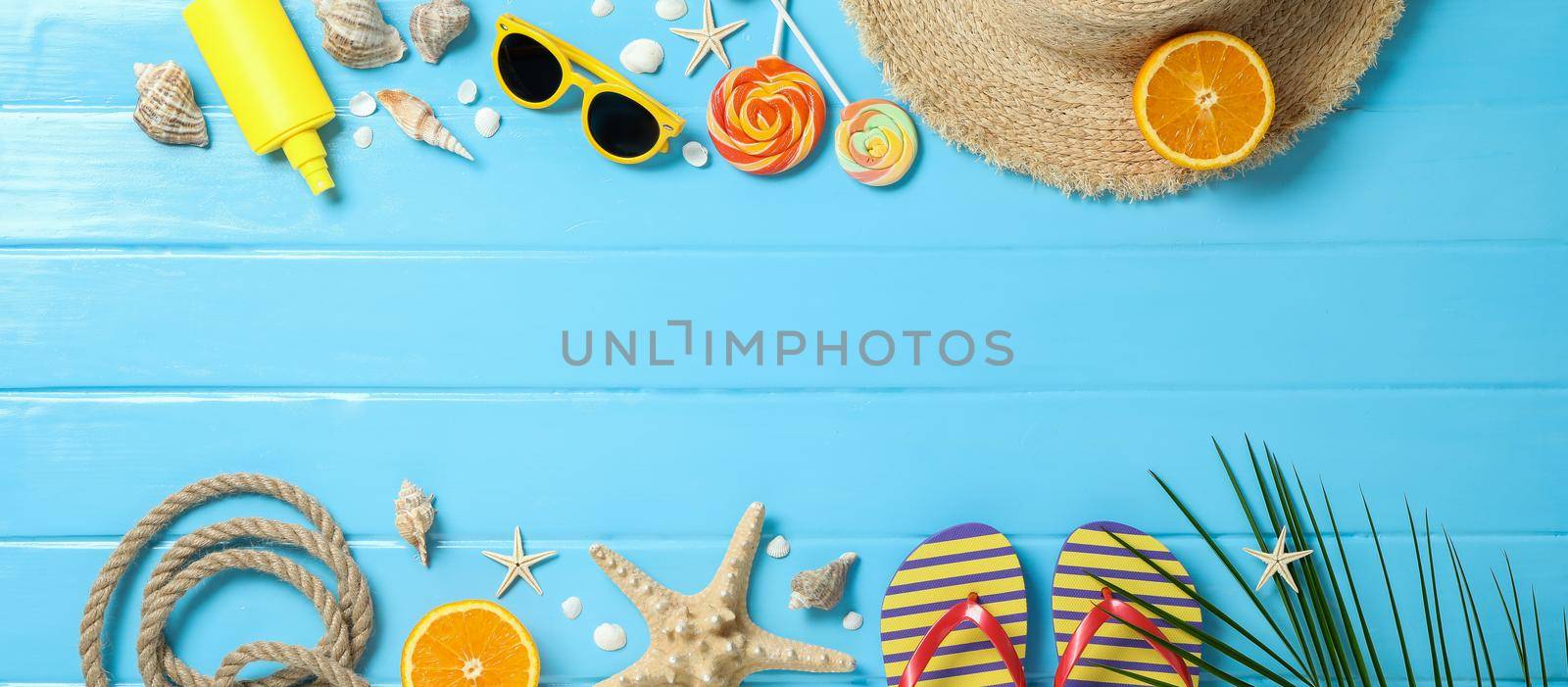 Flat lay composition with summer vacation accessories on color background, space for text and top view. Happy holidays by AtlasCompany