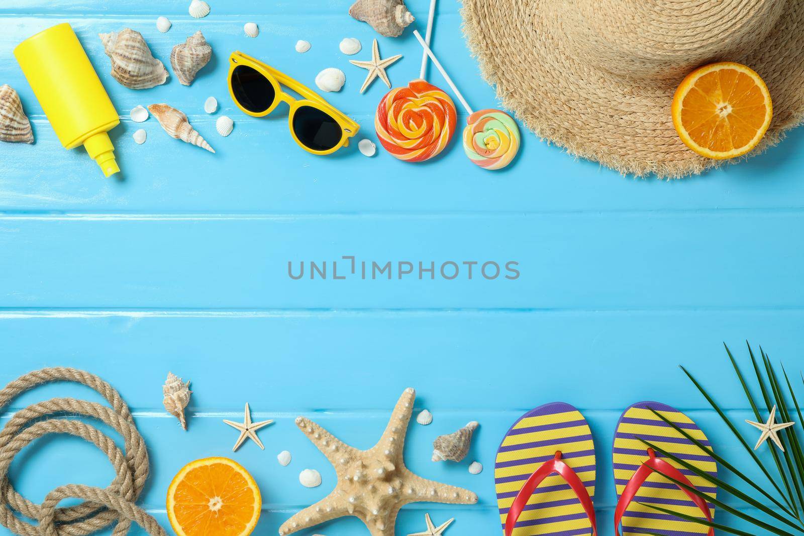 Flat lay composition with summer vacation accessories on color background, space for text and top view. Happy holidays