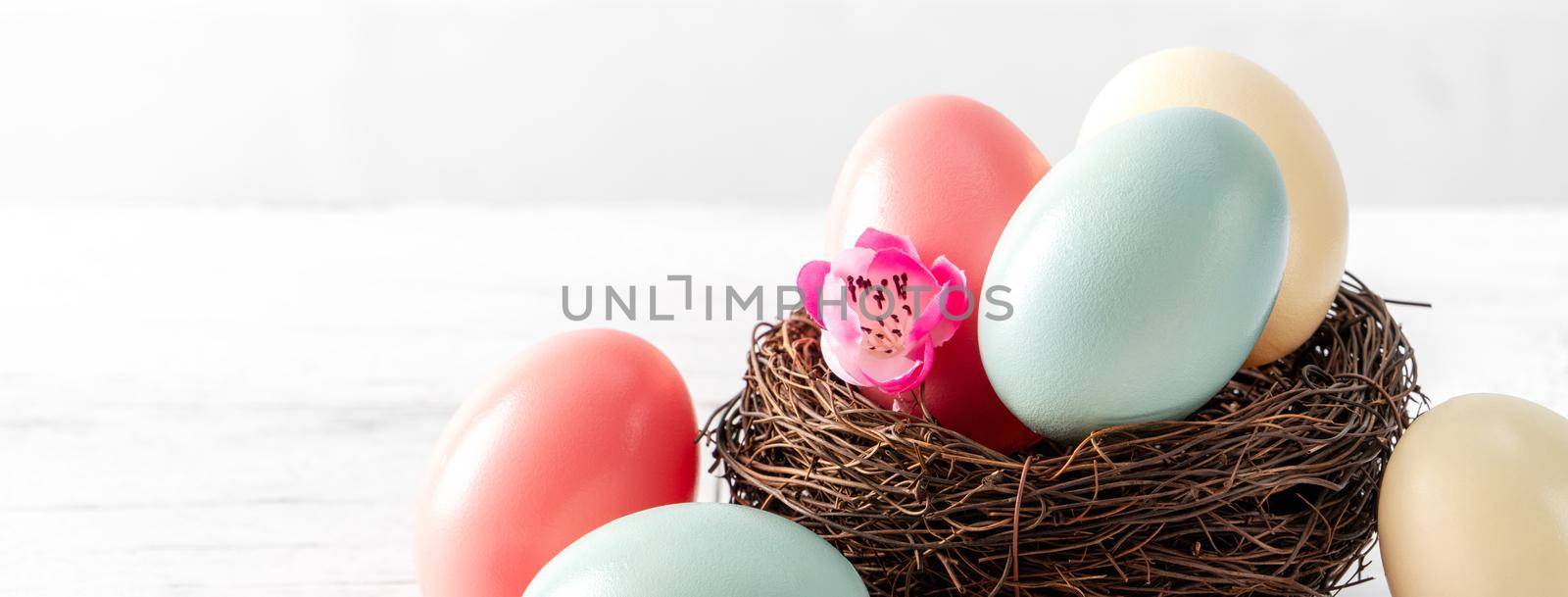 Close up of colorful Easter eggs in the nest with pink plum flower on bright white wooden table background.