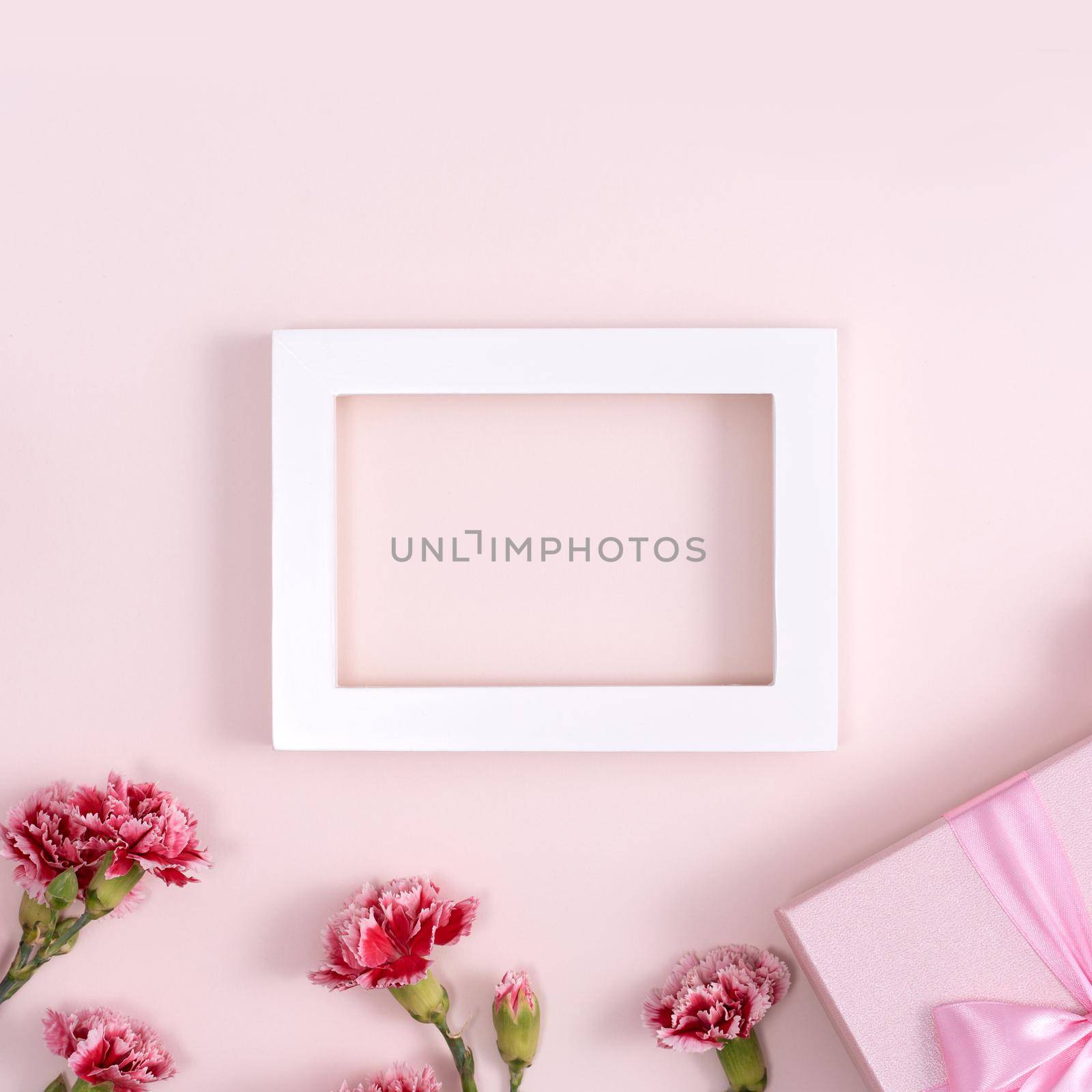 Concept of Mother's day holiday greeting background design  with carnations bouquet on pink background