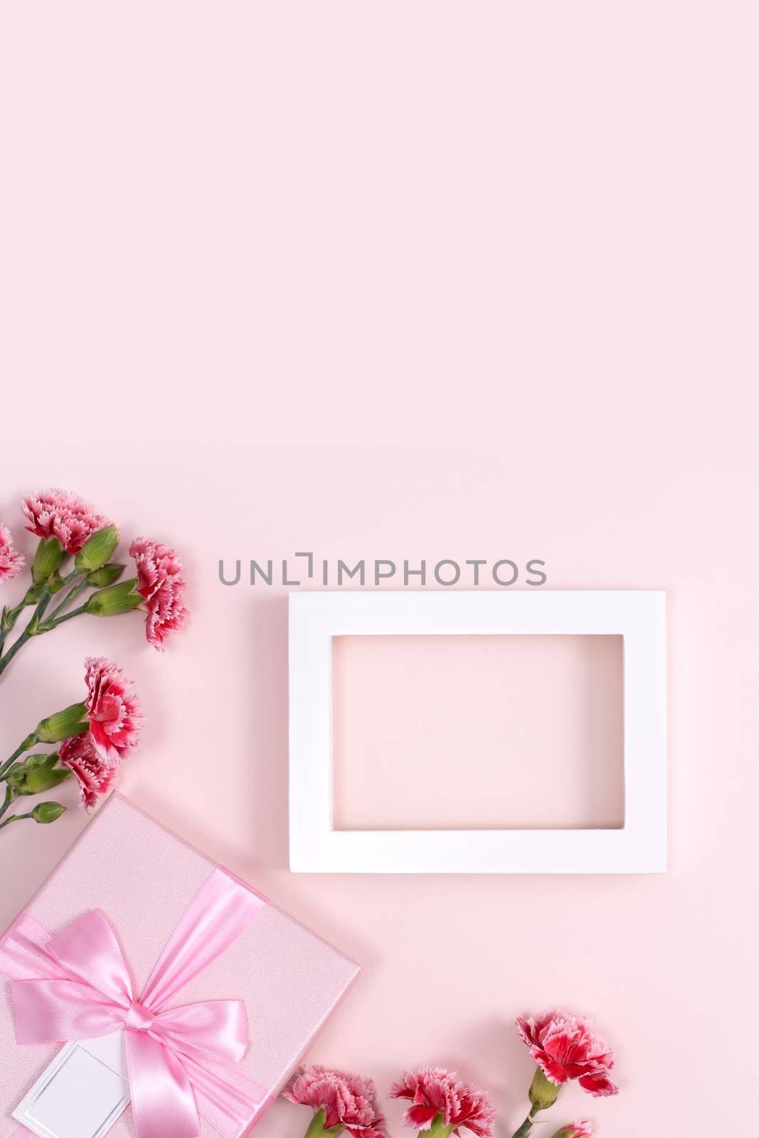 Concept of Mother's day holiday greeting background design  with carnations bouquet on pink background