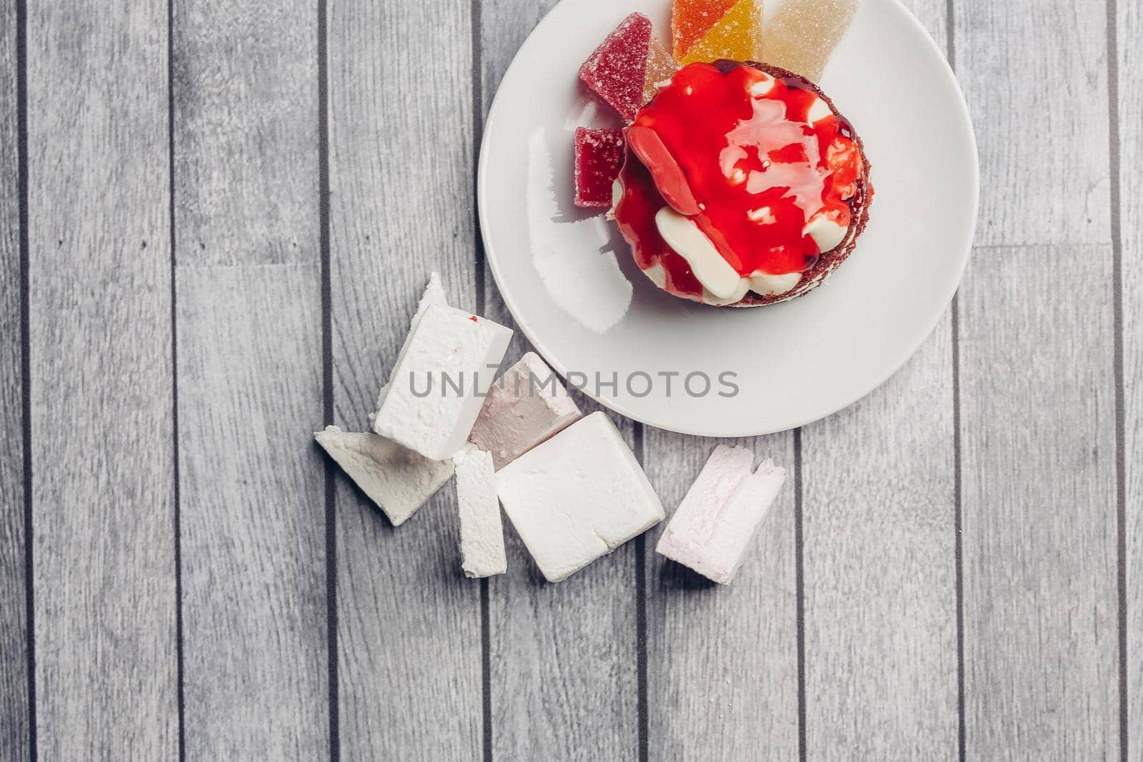 round red cake sweets dessert snack top view. High quality photo