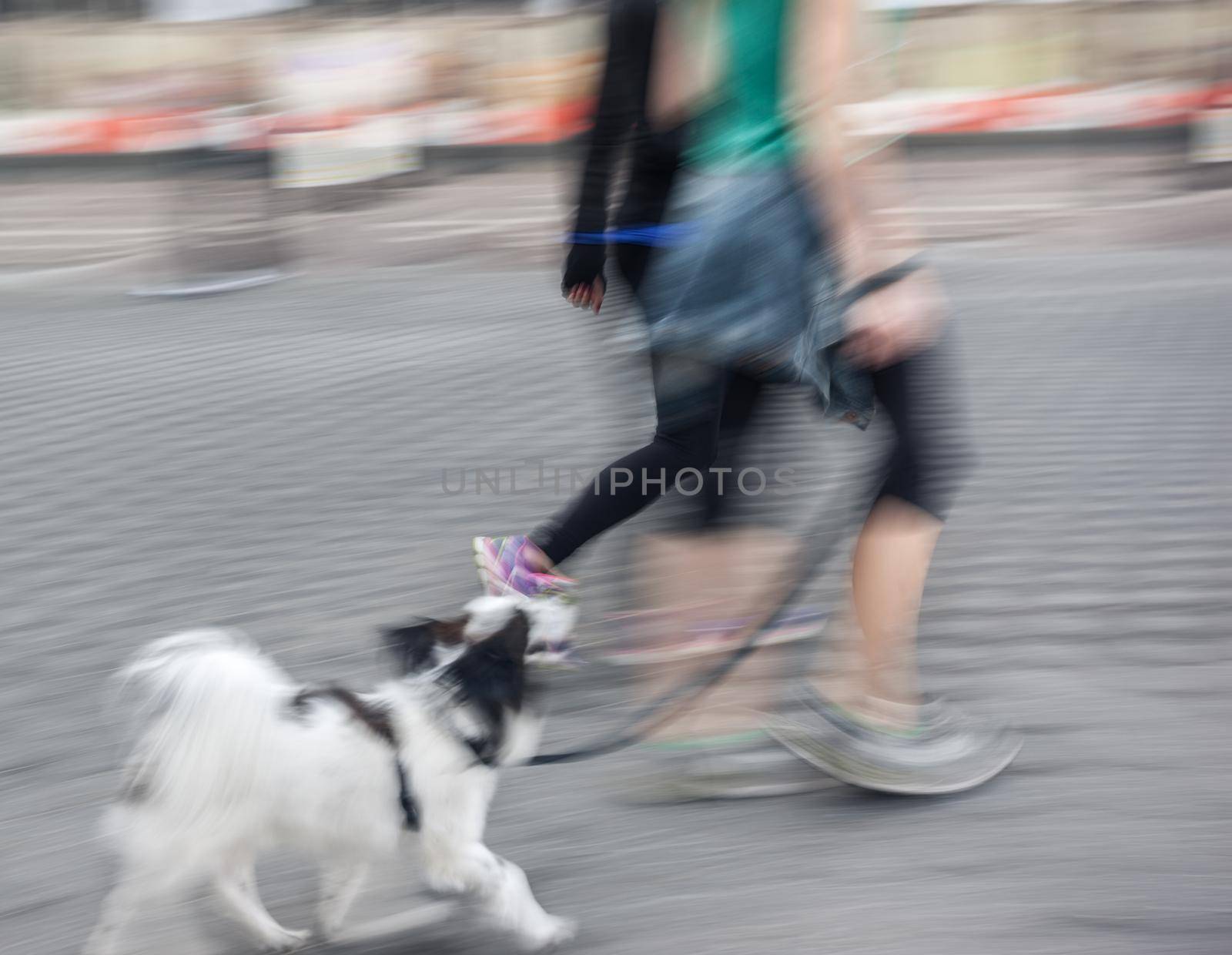 Man runs with his dog outside. Intentional motion blur