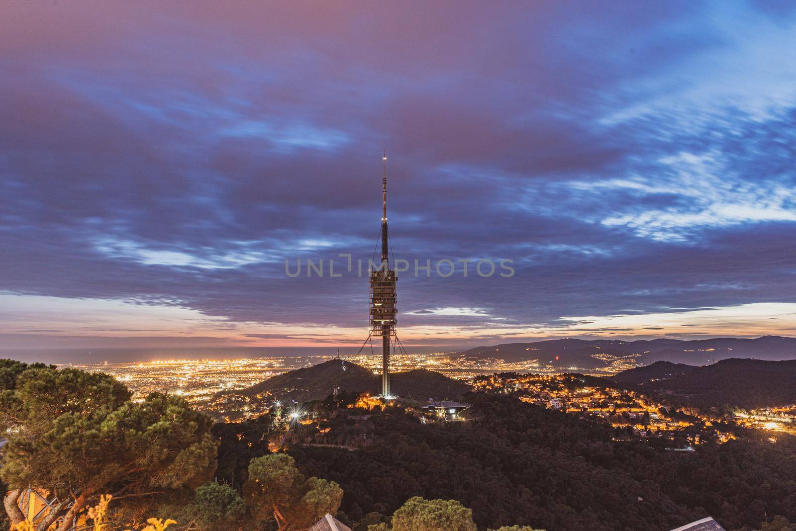 Sunset in the Tividabo view point in Barcelna, Spain.