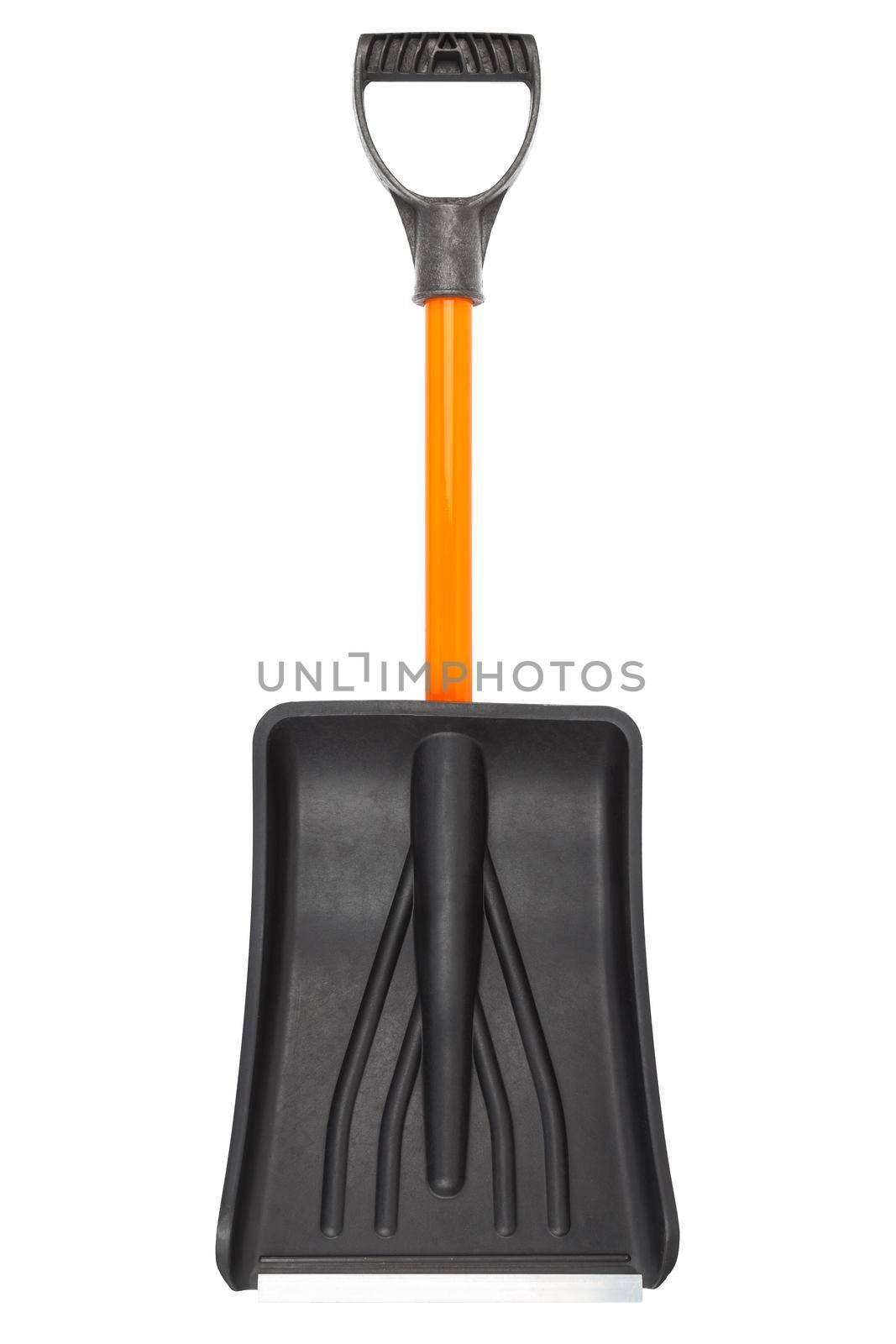 small plastic snow shovel, isolated on white background - front side,