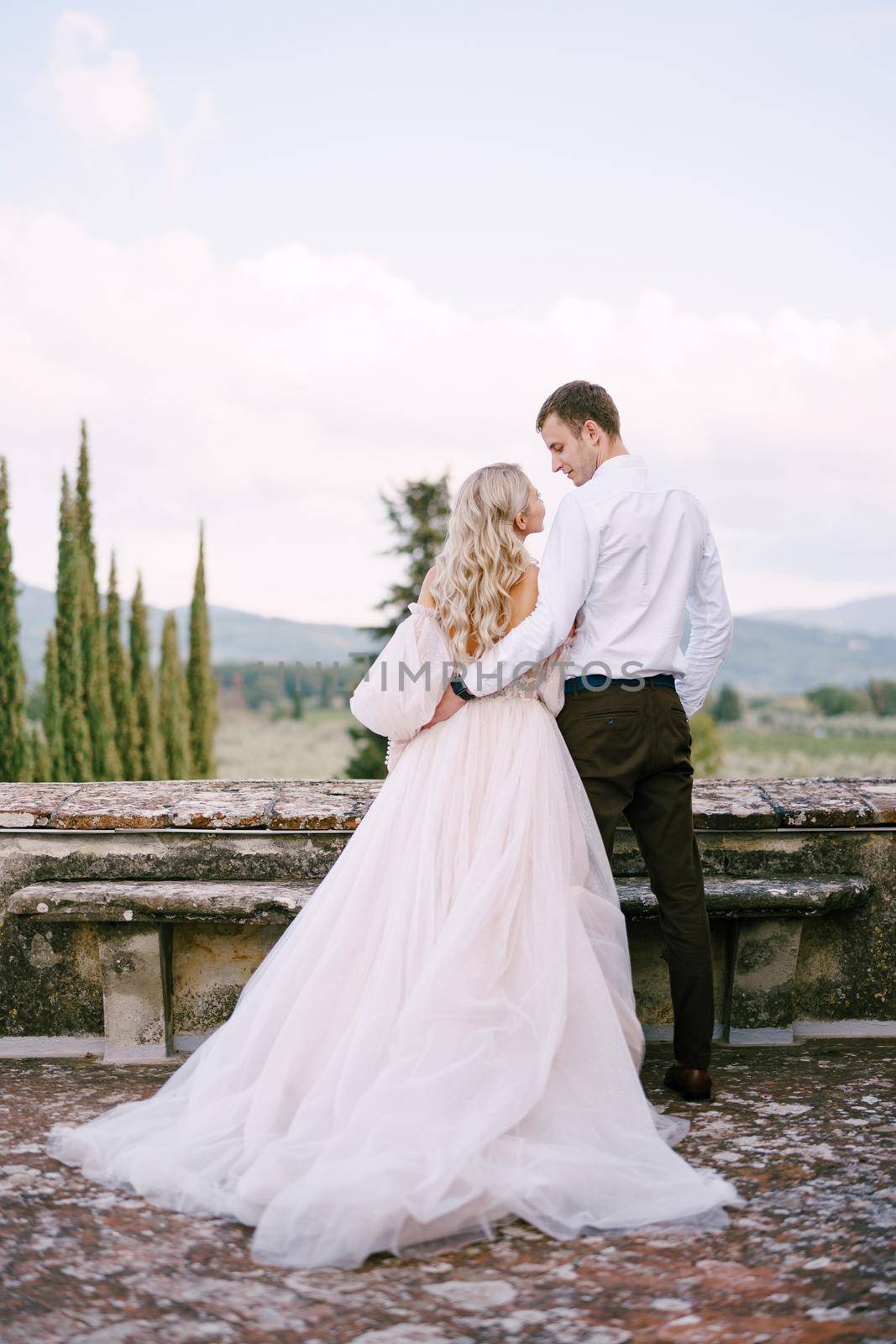 Wedding at an old winery villa in Tuscany, Italy. The wedding couple stands on the roof of an old winery, cuddling, standing with their backs in the frame.