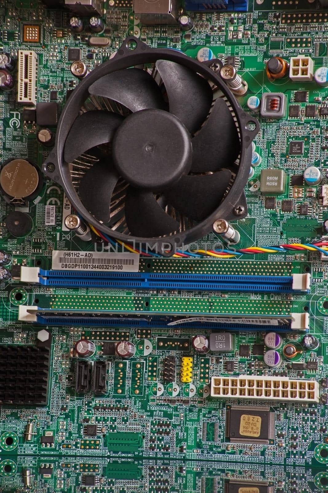 Macro image of electronic components on a computer motherboard