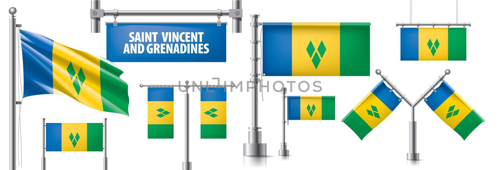 Vector set of the national flag of Saint Vincent and the Grenadines in various creative designs