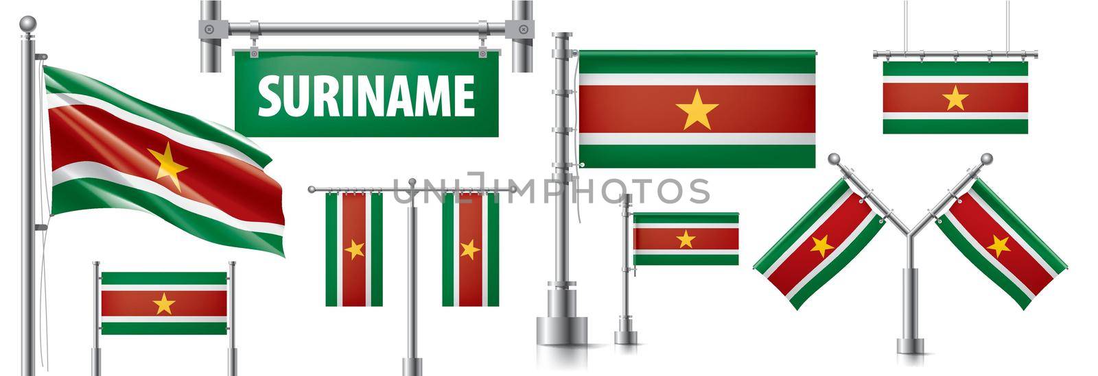 Vector set of the national flag of Suriname in various creative designs.