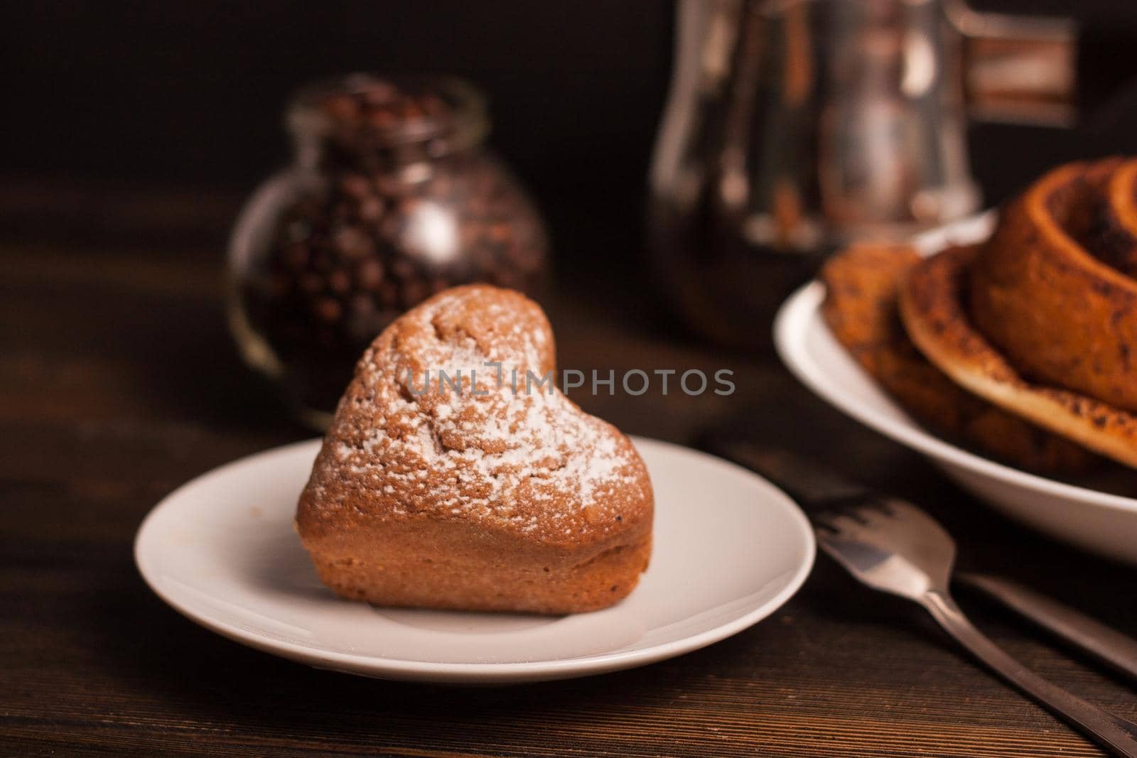 heart-shaped cookies dessert sweets coffee meal breakfast. High quality photo