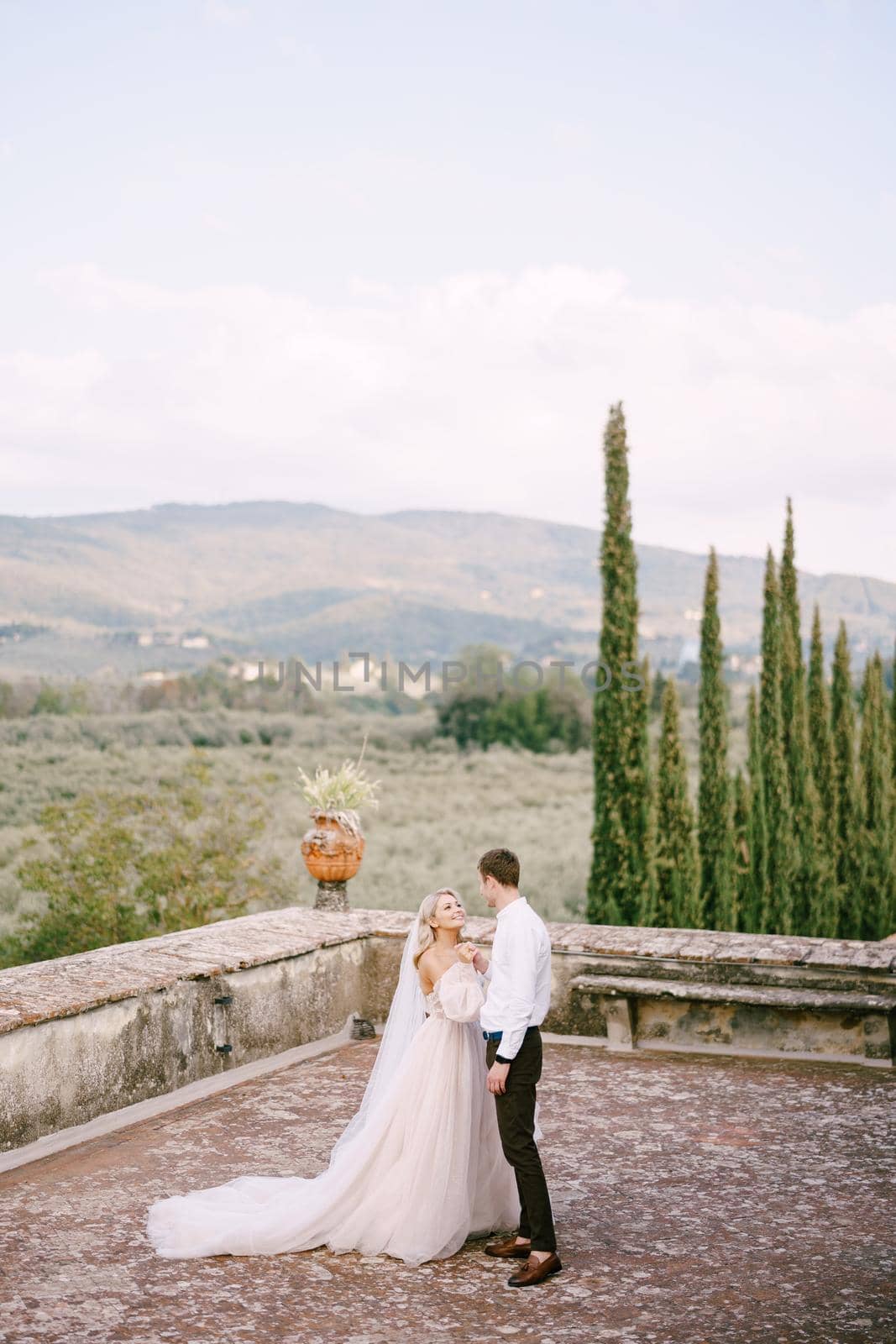 Wedding at an old winery villa in Tuscany, Italy. The bride and groom are dancing on the roof of the villa. by Nadtochiy