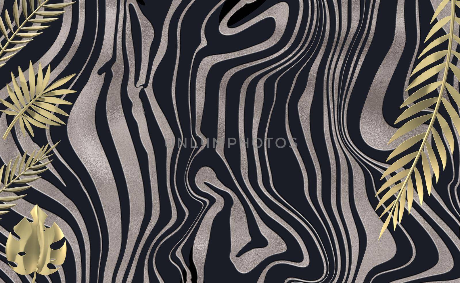 Zebra abstract background, wavy black gold beautiful pattern. Safari, wildlife zoo natural background with golden tropical leaves. African animal design. Horizontal background. Illustration