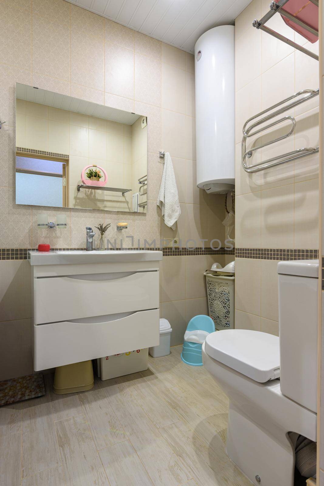 The interior of a compact toilet room in an apartment