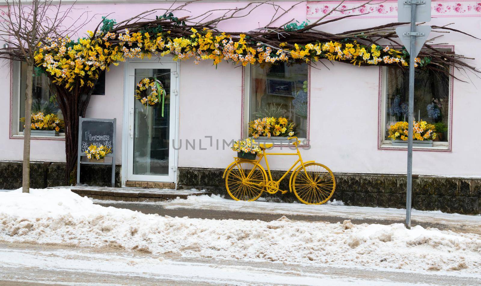 Vintage style flower shop, yellow bicycle with basket and daffodils.