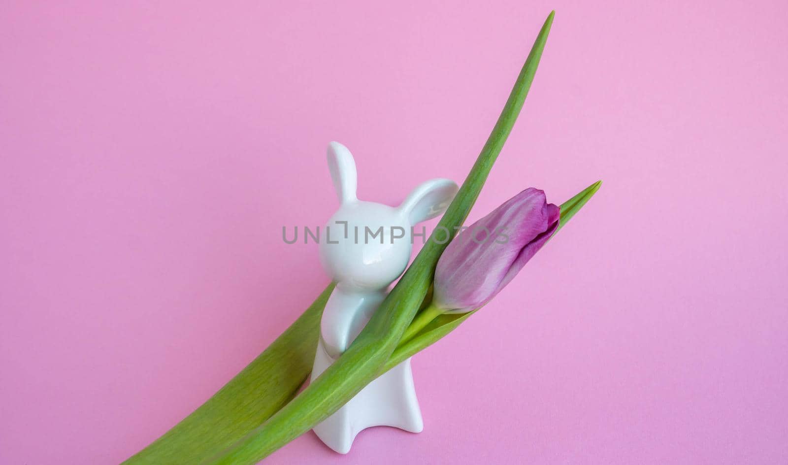 Easter bunny and lilac tulips on pink background, Easter celebration concept.