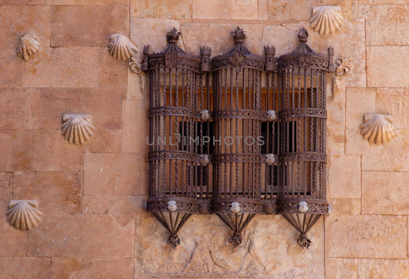 Detail of old metal railing at the windows of Casa de las Conchas at Salamanca, Spain