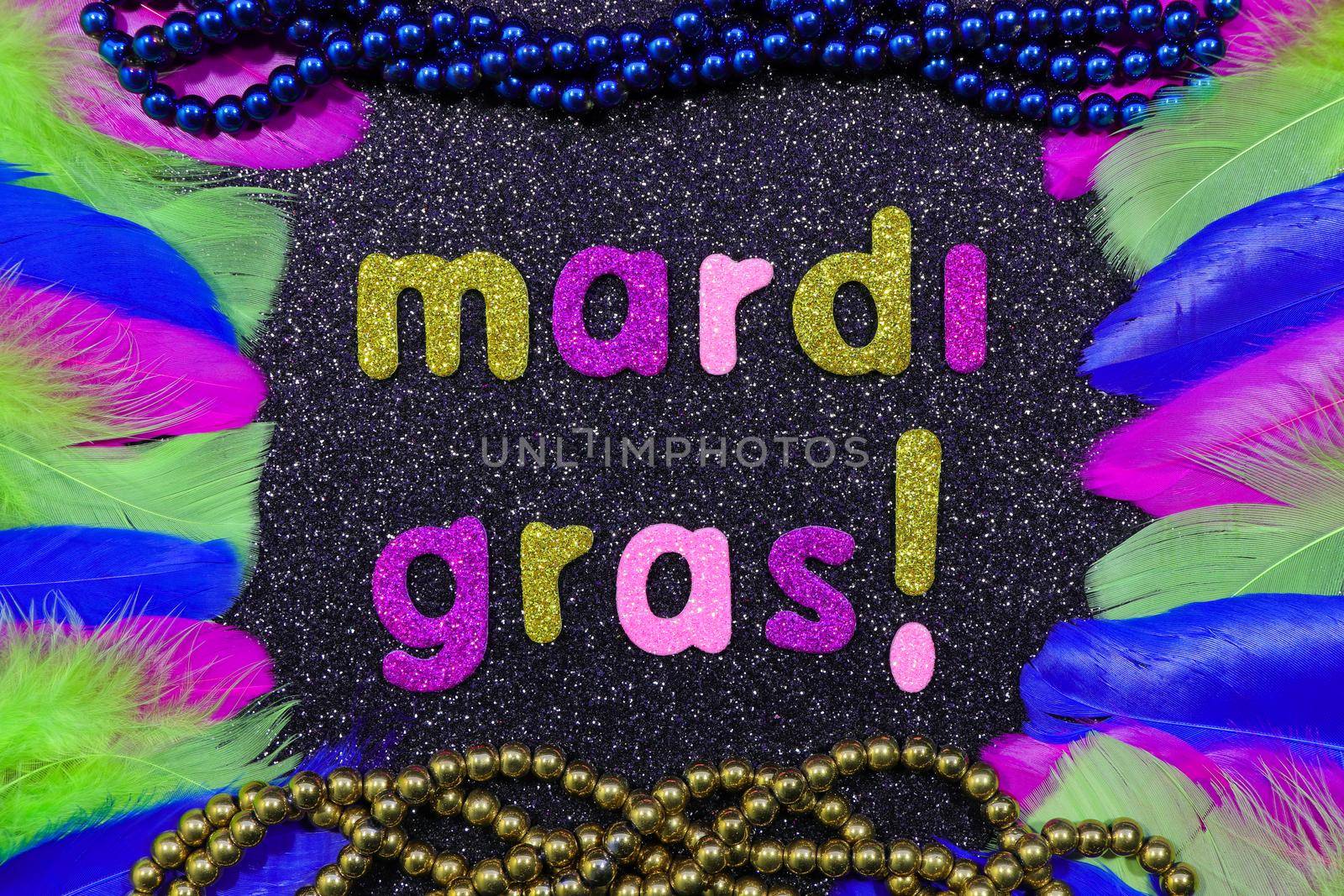 Mardi Gras text carnival theme with feathers and bead strings on textured black surface