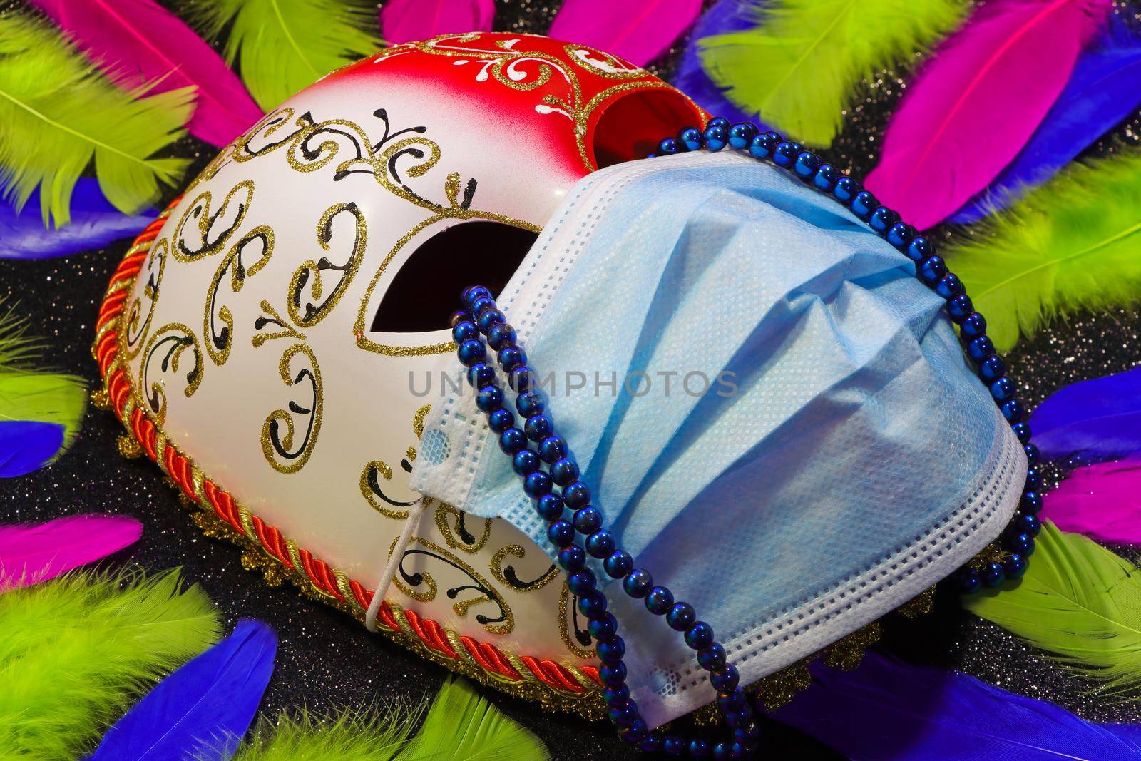 Carnival Mask And Surgical Facemask With Bead Tears And Feathers by jjvanginkel